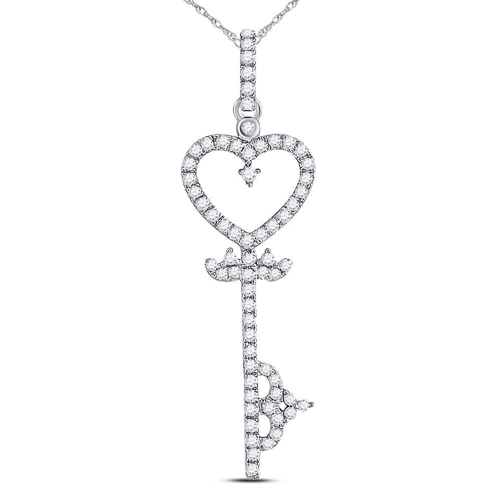 10K White Gold Womens Round Diamond Key Heart Pendant 1/5 Cttw, Length: 1.24 In, Width: 0.38 In