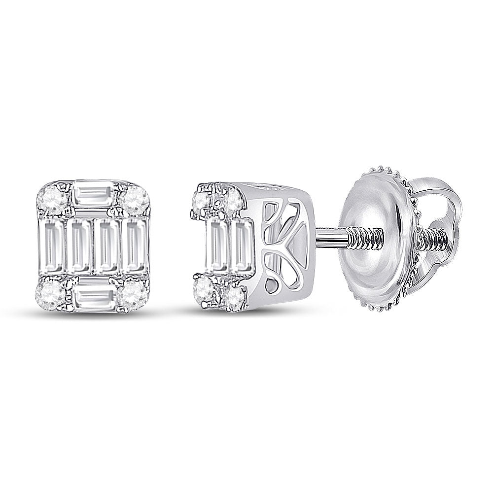 14K White Gold Womens Baguette Diamond Fashion Cluster Earrings 1/4 Cttw