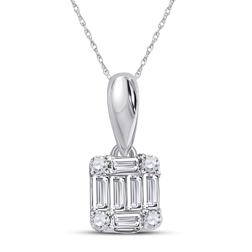 14K White Gold Womens Baguette Diamond Fashion Cluster Pendant 1/8 Cttw