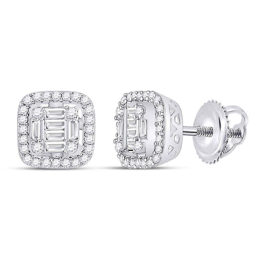 14K White Gold Womens Baguette Diamond Fashion Cushion Cluster Earrings 3/8 Cttw