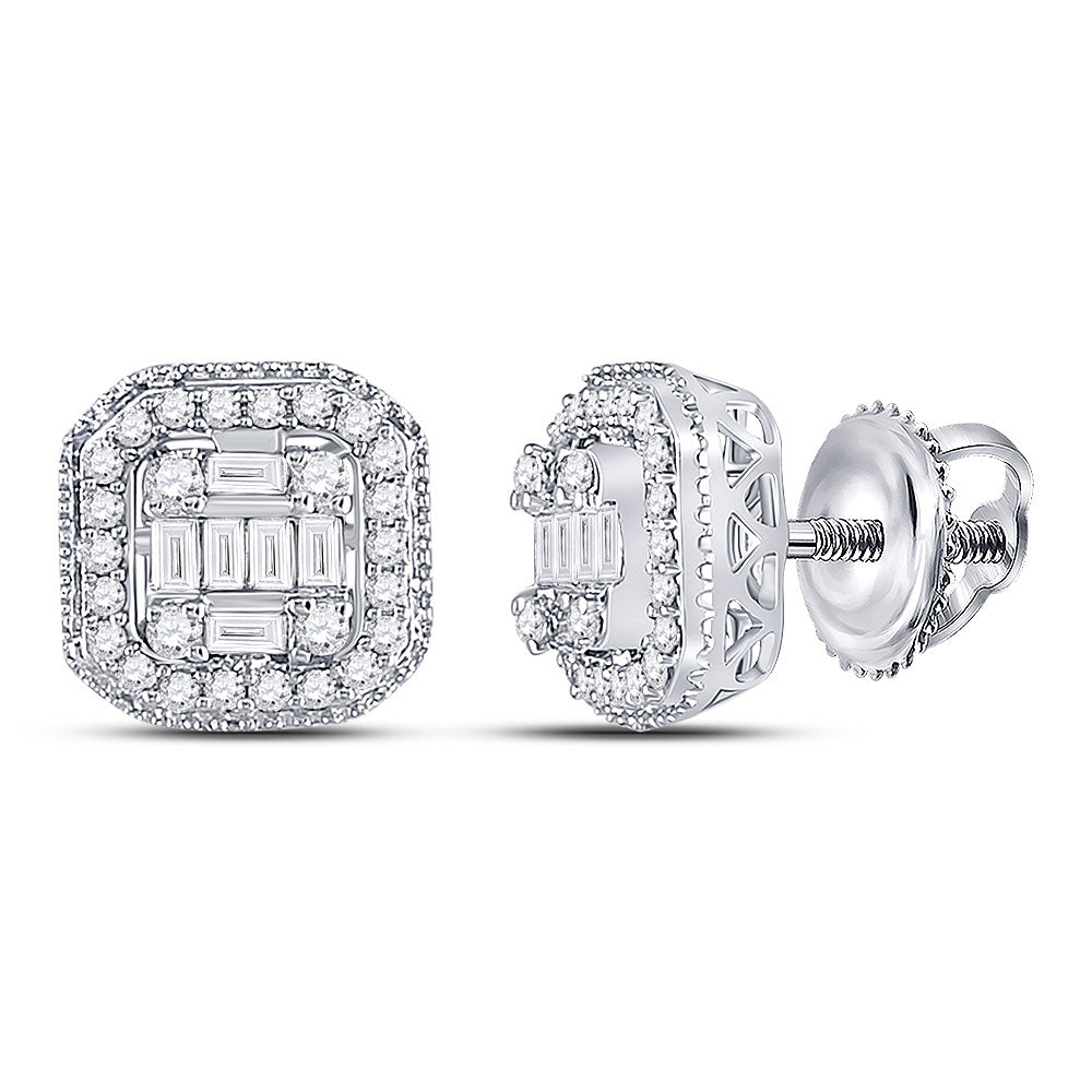 14K White Gold Womens Baguette Diamond Fashion Cluster Earrings 3/8 Cttw, Length: 0.33 In, Width: 0.33 In