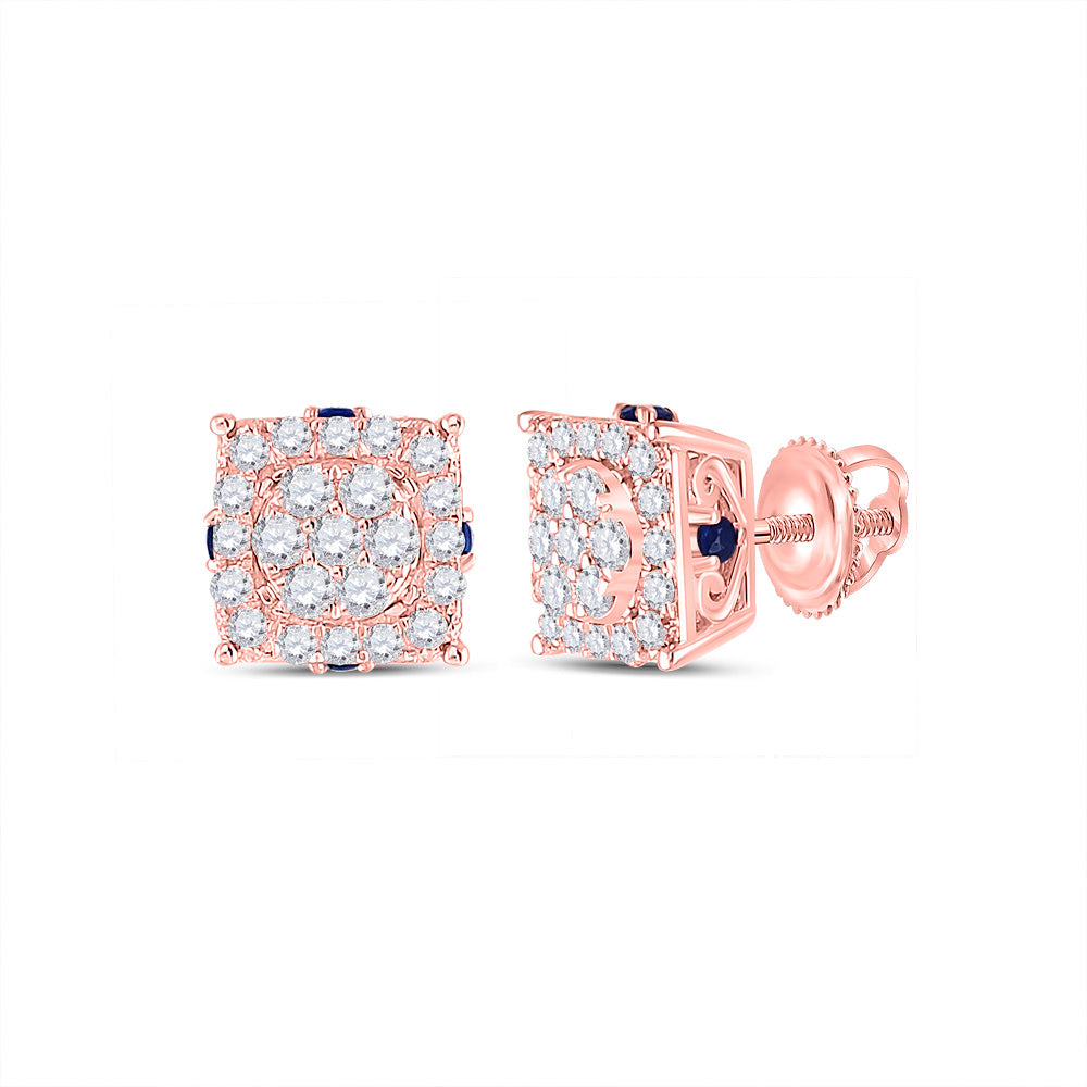 14K Rose Gold Womens Round Diamond Blue Sapphire Cluster Earrings 1/2 Cttw