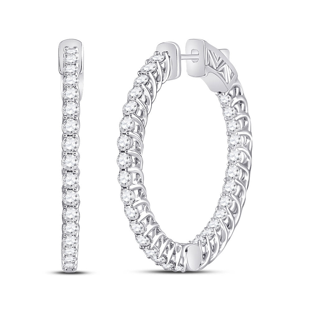 14K White Gold Womens Round Diamond Single Row Hoop Earrings 3 Cttw, Length: 1.34 In