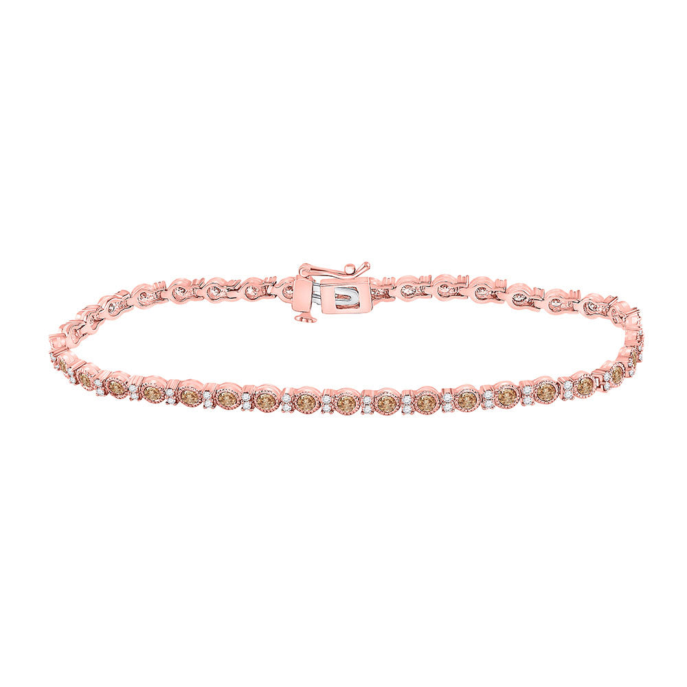 14K Rose Gold Womens Round Brown Diamond Single Row Tennis Bracelet 2 Cttw