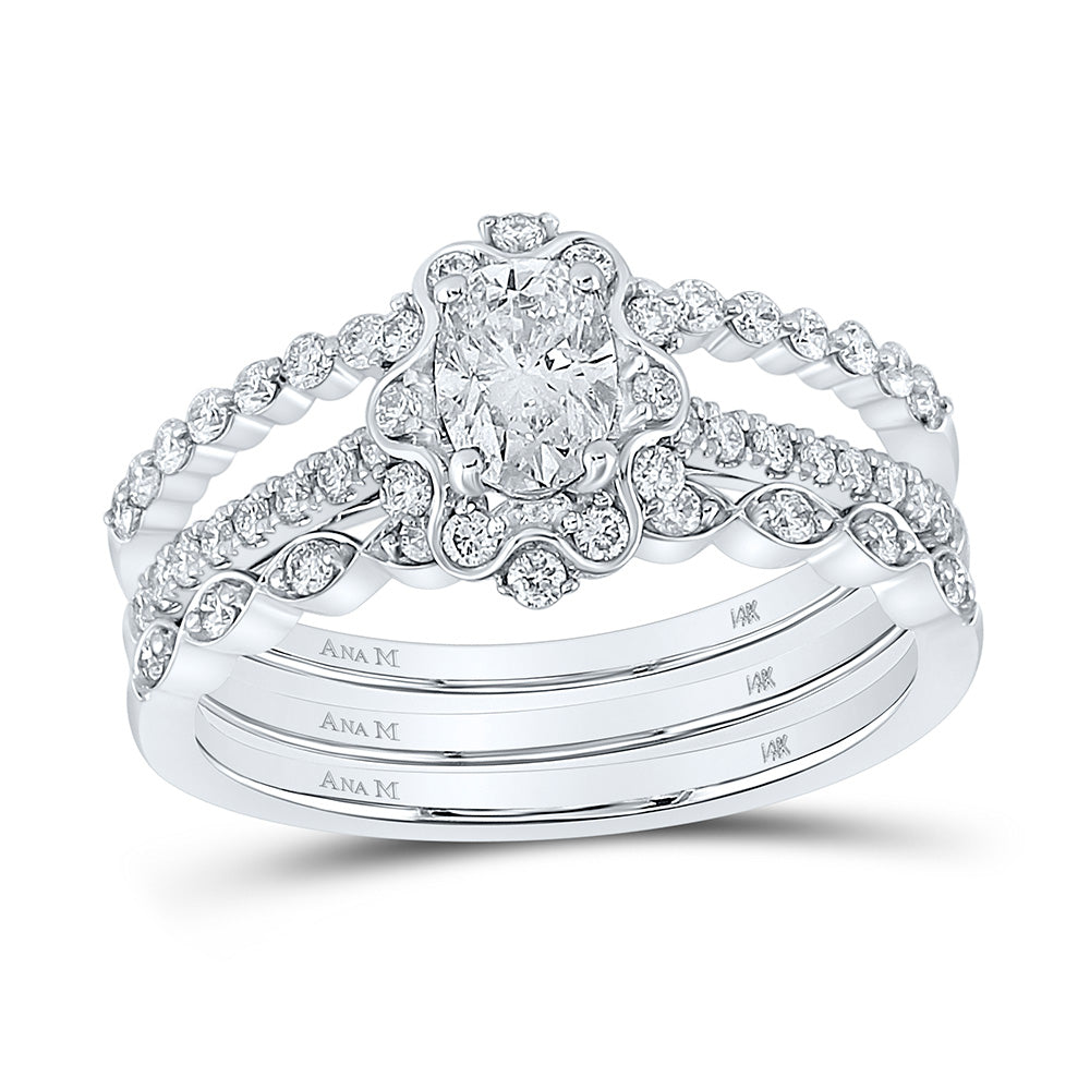 14K White Gold Oval Diamond 3-Piece Bridal Wedding Ring Band Set 1 Cttw, Womens Size: 5-10