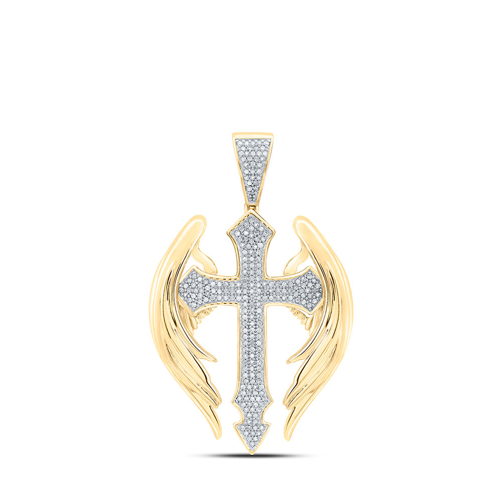 10K Yellow Gold Mens Round Diamond Wings Cross Charm Pendant 1/2 Cttw, Length: 2 In, Width: 1.25 In