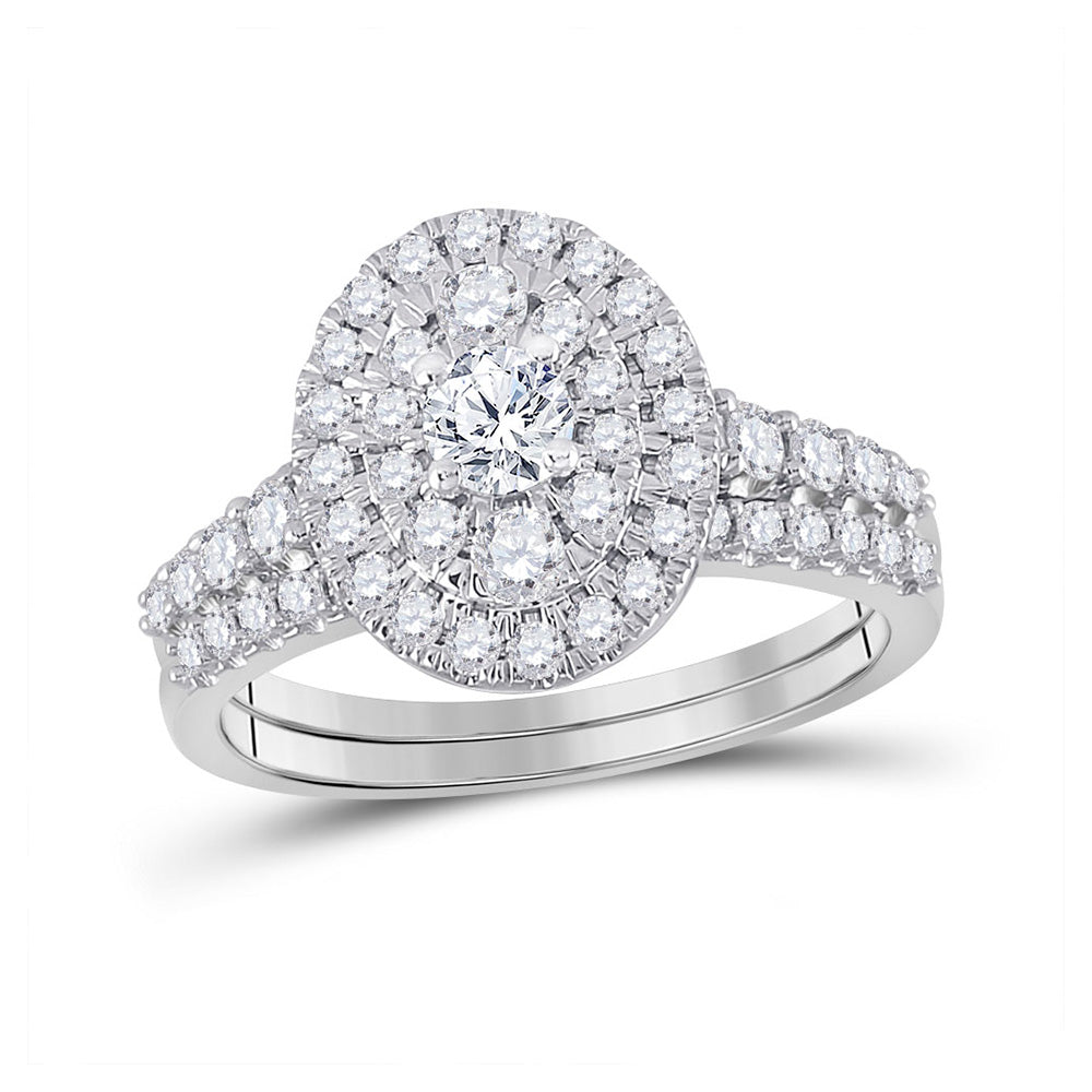 10K White Gold Round Diamond Oval Halo Bridal Wedding Ring Band Set 1 Cttw, Womens Size: 5-10