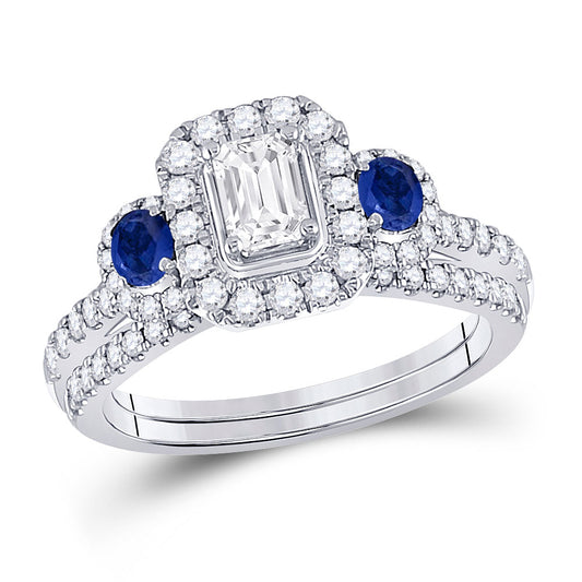 14K White Gold Emerald Diamond Bridal Wedding Ring Band Set 7/8 Cttw, Womens Size: 5-10