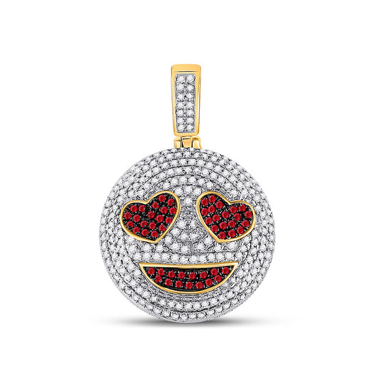 10K Yellow Gold Mens Round Ruby Emoji Smiley Heart Charm Pendant 1-1/3 Cttw, Length: 1.25 In, Width: 0.85 In
