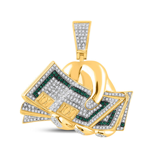10K Yellow Gold Mens Round Green Color Enhanced Diamond Money Fist Charm Pendant 3/4 Cttw, Length: 1.39 In, Width: 1.32 In