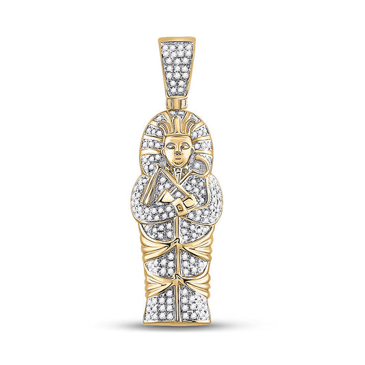 10K Yellow Gold Mens Round Diamond Sarcophagus Mummy Pharaoh Charm Pendant 3/8 Cttw