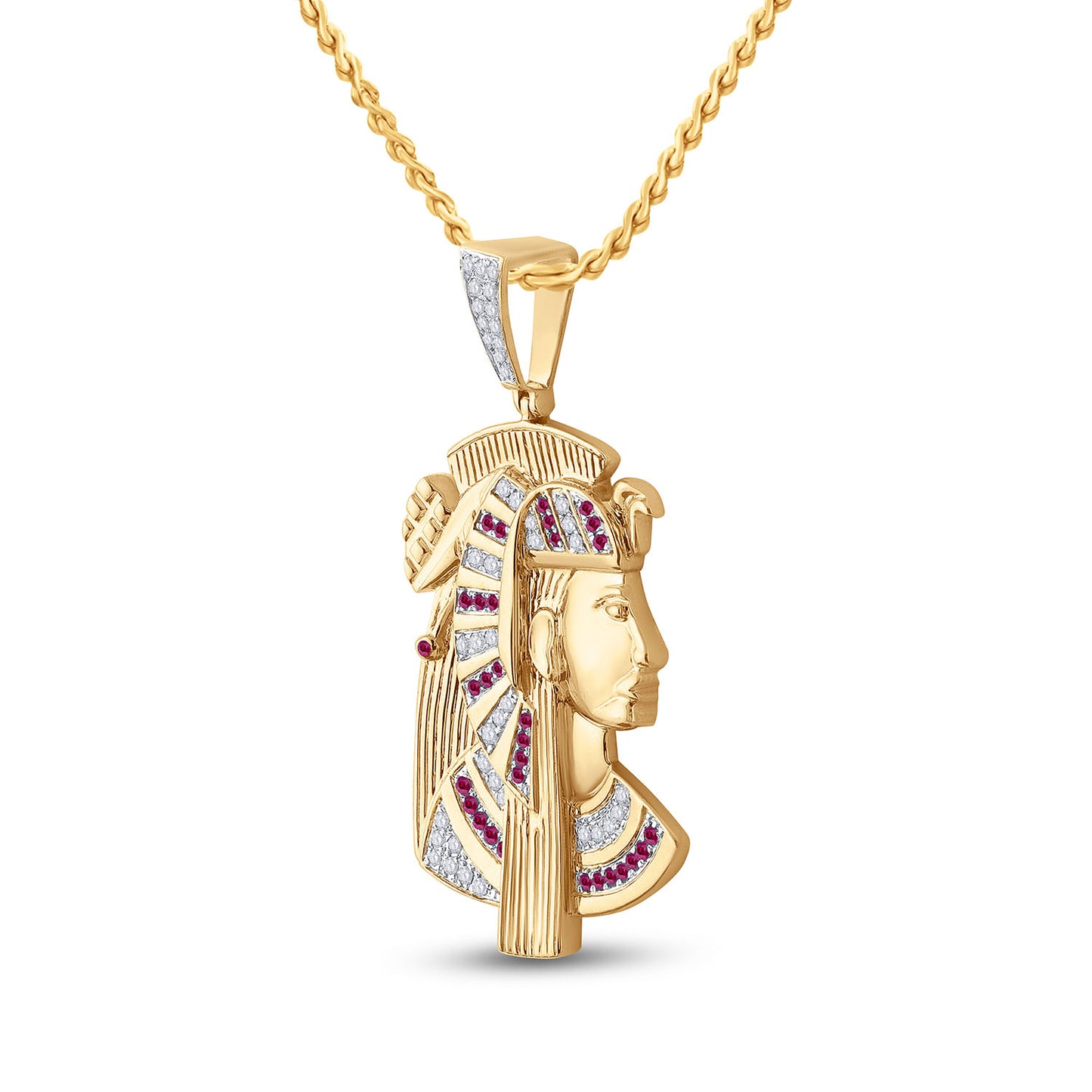 10K Yellow Gold Mens Round Ruby Diamond Pharaoh Charm Pendant 1 Cttw