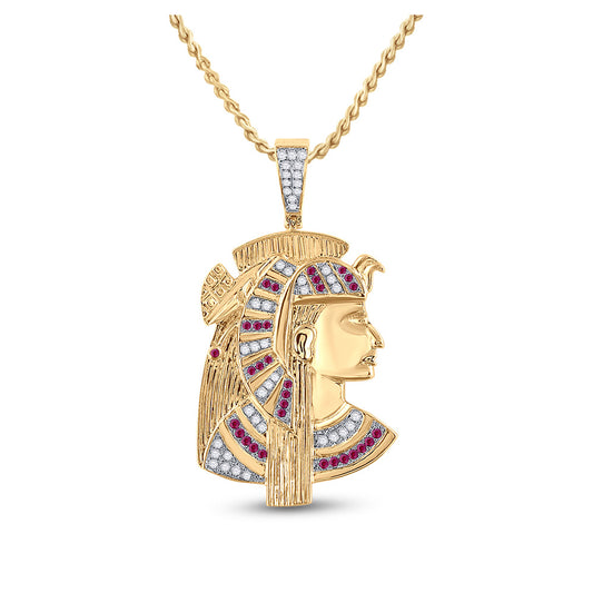 10K Yellow Gold Mens Round Ruby Diamond Pharaoh Charm Pendant 1 Cttw
