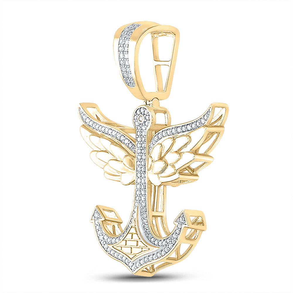 10K Yellow Gold Mens Round Diamond Anchor Wings Charm Pendant 1/3 Cttw, Length: 1.65 In, Width: 1.15 In