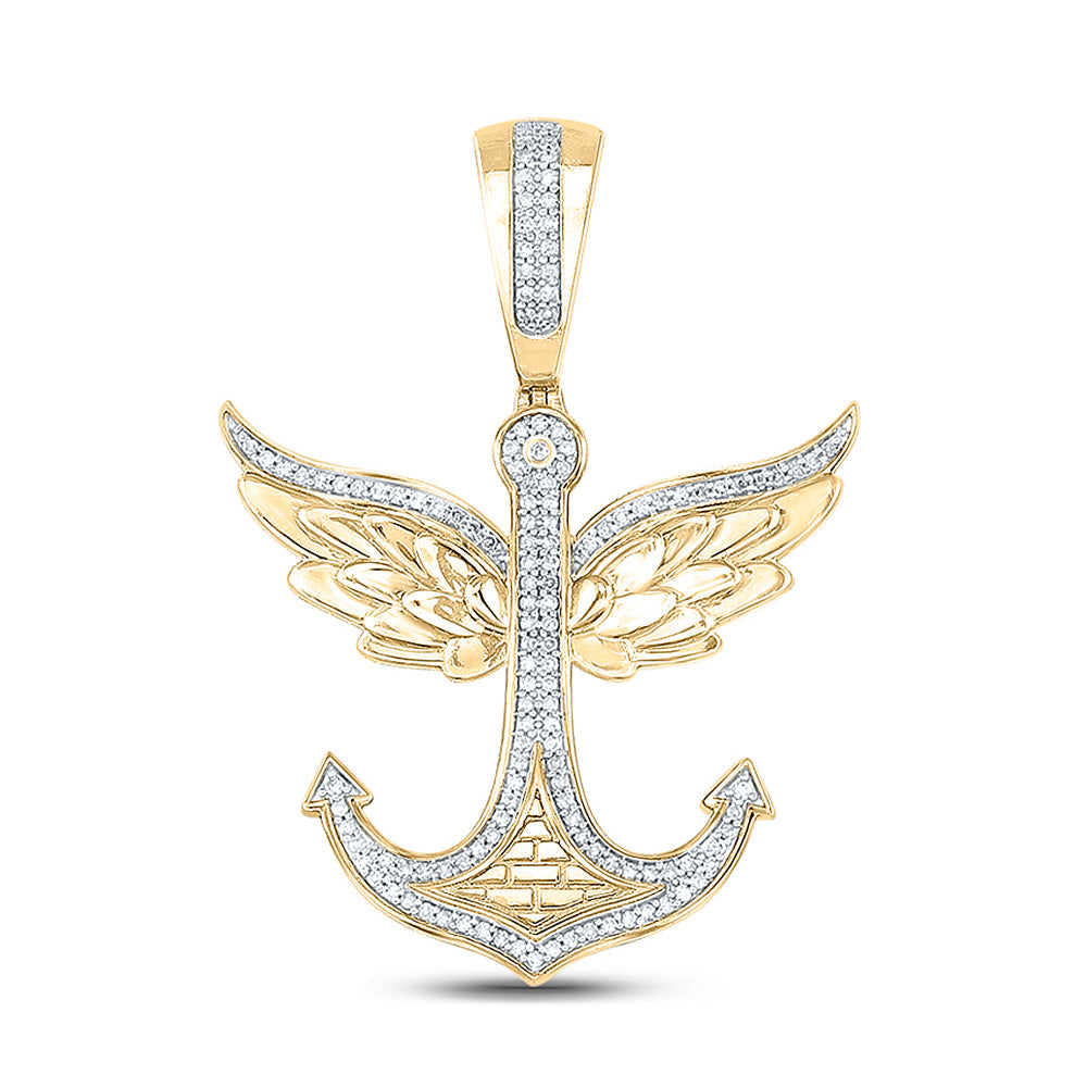 10K Yellow Gold Mens Round Diamond Anchor Wings Charm Pendant 1/3 Cttw, Length: 1.65 In, Width: 1.15 In