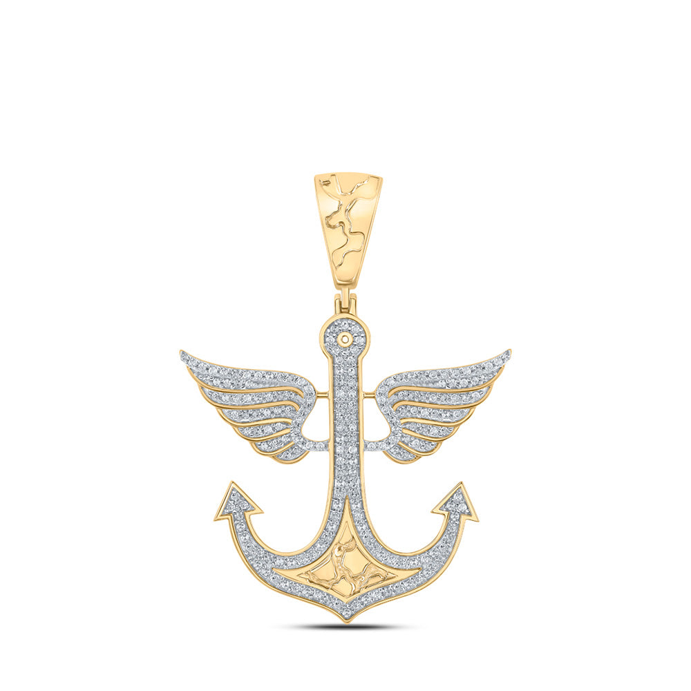 10K Yellow Gold Mens Round Diamond Anchor Wing Charm Pendant 1/2 Cttw