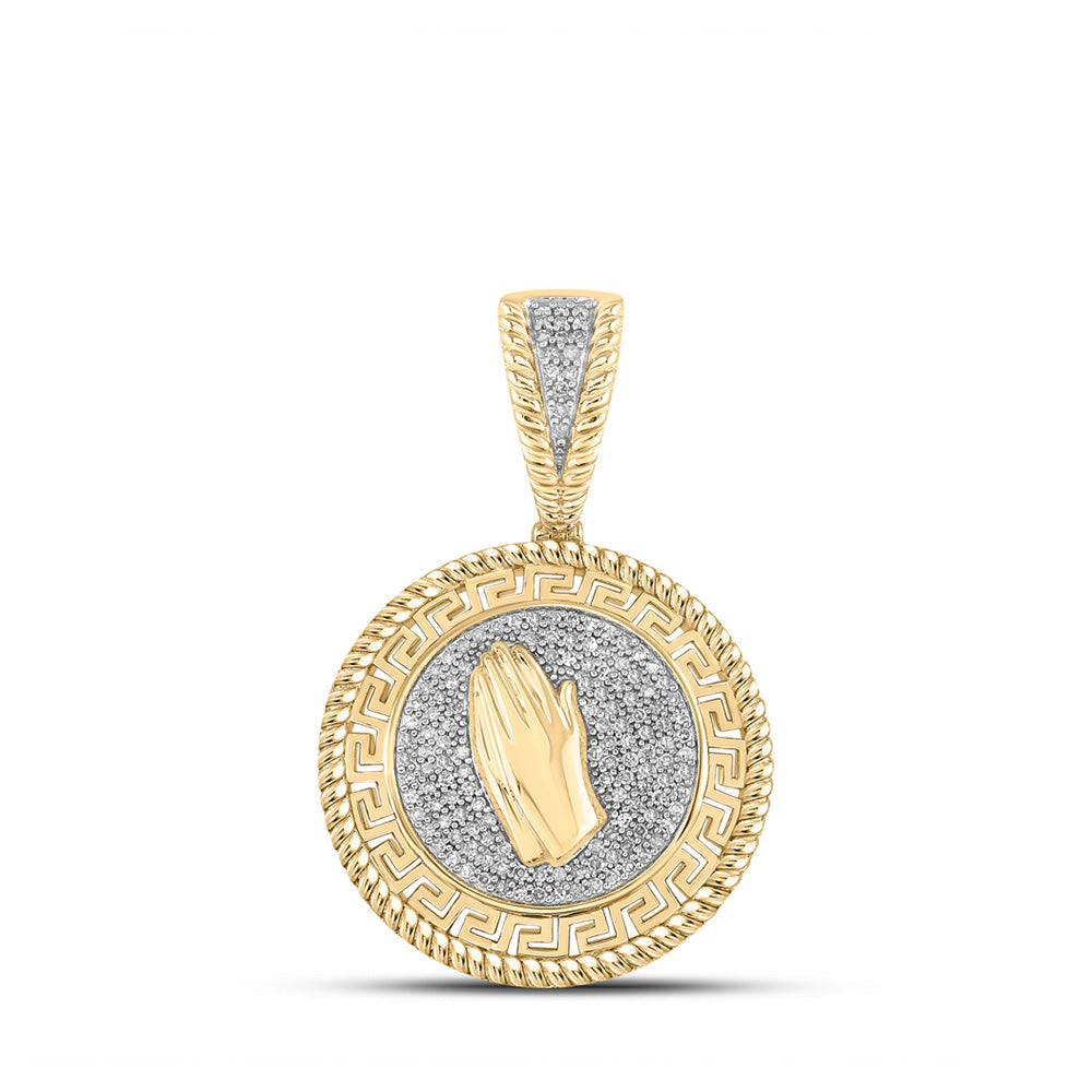 10K Yellow Gold Mens Round Diamond Prayer Hands Medallion Charm Pendant 3/8 Cttw, Length: 1.4 In, Width: 0.96 In