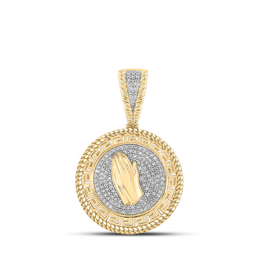 10K Yellow Gold Mens Round Diamond Prayer Hands Medallion Charm Pendant 3/8 Cttw, Length: 1.4 In, Width: 0.96 In