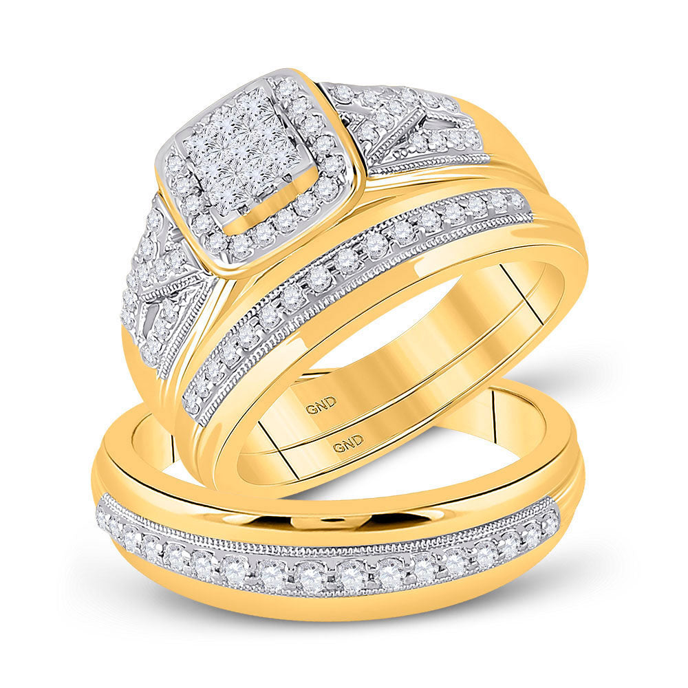 10K Yellow Gold His Hers Round Diamond Square Matching Wedding Set 3/4 Cttw, Womens Size: 5-10, Mens Size: 7-13