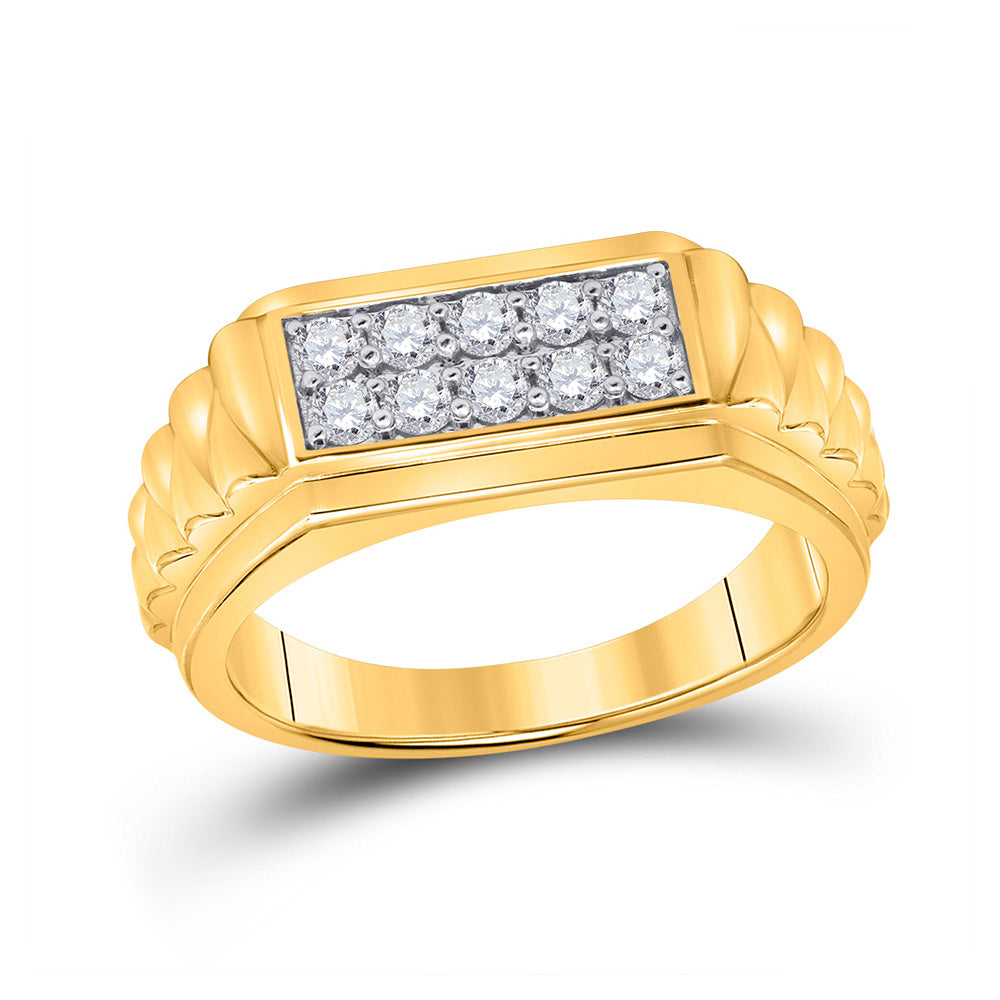 10K Yellow Gold Mens Round Diamond Ribbed Flat Top Band Ring 1/2 Cttw, Mens Size: 7-13