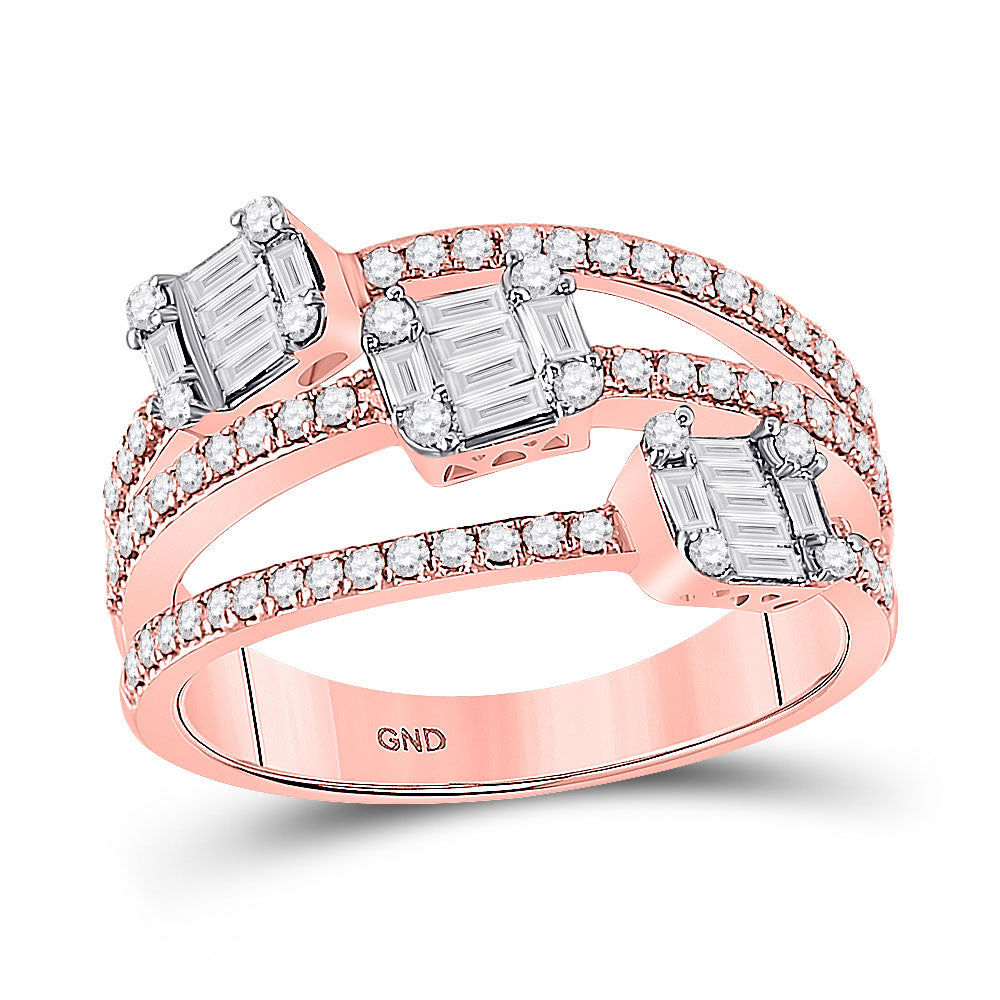 14K Rose Gold Womens Baguette Diamond Cluster 3-stone Ring 3/4 Cttw, Womens Size: 5-10