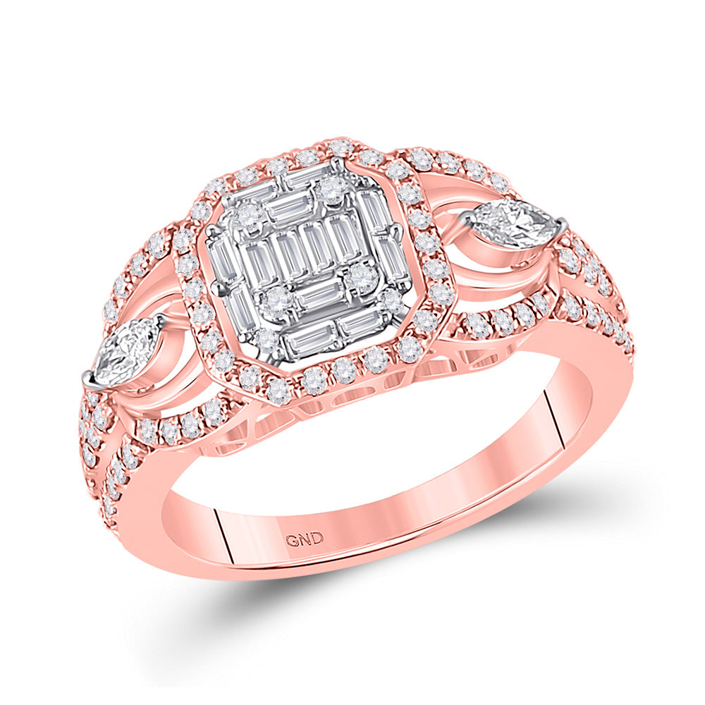 14K Rose Gold Womens Baguette Diamond 3-Stone Cluster Ring 3/4 Cttw, Womens Size: 5-10