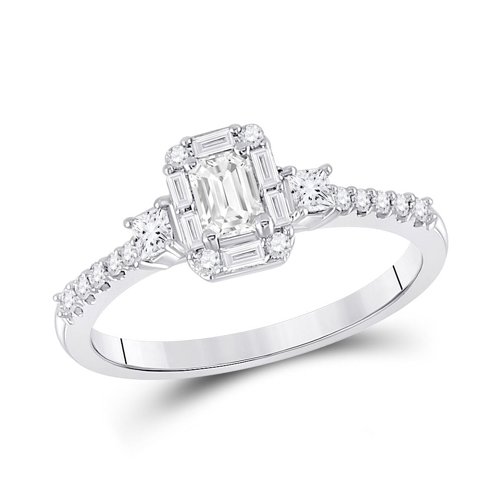 14K White Gold Emerald Diamond 3-stone Bridal Wedding Engagement Ring 5/8 Cttw, Womens Size: 5-10