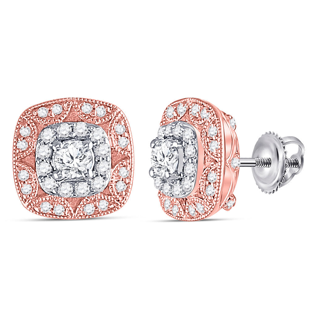 14K Two-tone Gold Womens Round Diamond Square Halo Earrings 1/2 Cttw