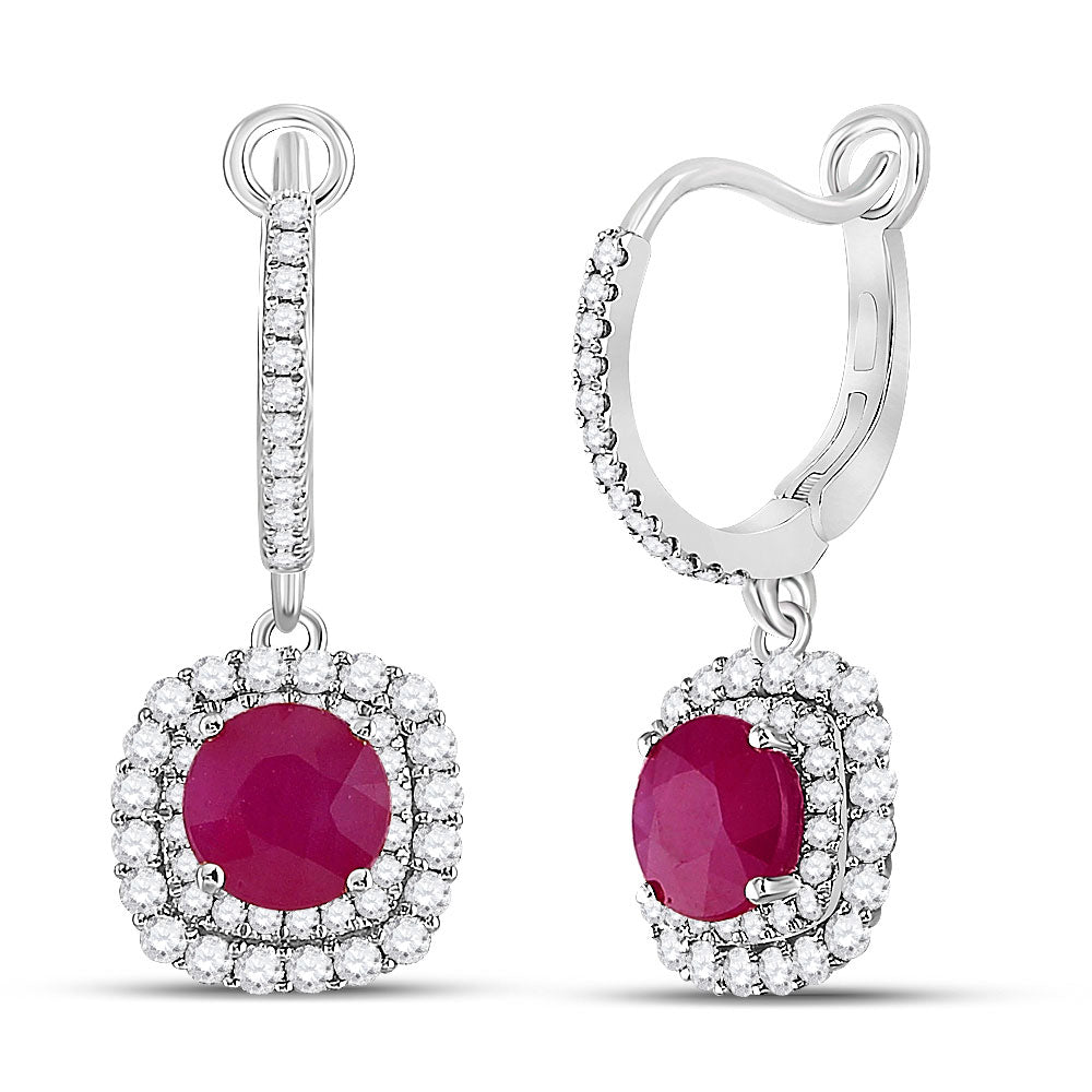 14K Yellow Gold Womens Round Ruby Diamond Hoop Dangle Earrings 2-3/4 Cttw