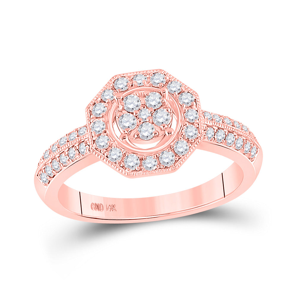 14K Rose Gold Womens Round Diamond Fashion Flower Cluster Ring 1/2 Cttw, Womens Size: 5-10
