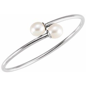 Sterling Silver Pearl 9.5-10.0 Mm Cultured White Pearl Flexible Bangle Bracelet, Length: 7 In