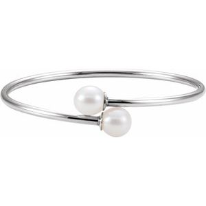 Sterling Silver Pearl 9.5-10.0 Mm Cultured White Pearl Flexible Bangle Bracelet, Length: 7 In