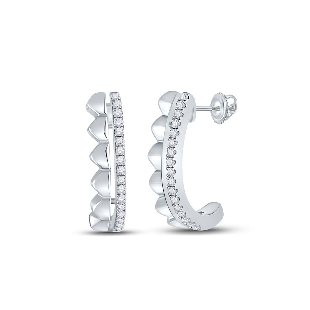 14K White Gold Womens Round Diamond Half J Hoop Earrings 1/10 Cttw