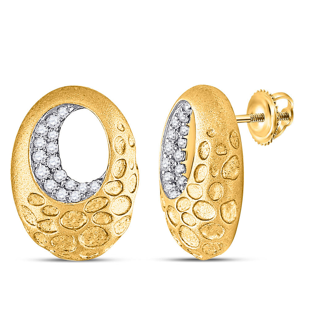 14K Yellow Gold Womens Round Diamond Pitted Oval Earrings 1/5 Cttw