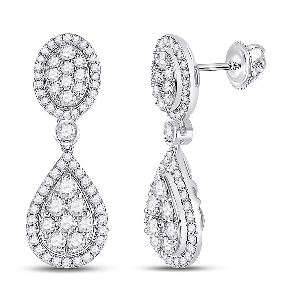 14K White Gold Womens Round Diamond Teardrop Dangle Earrings 7/8 Cttw