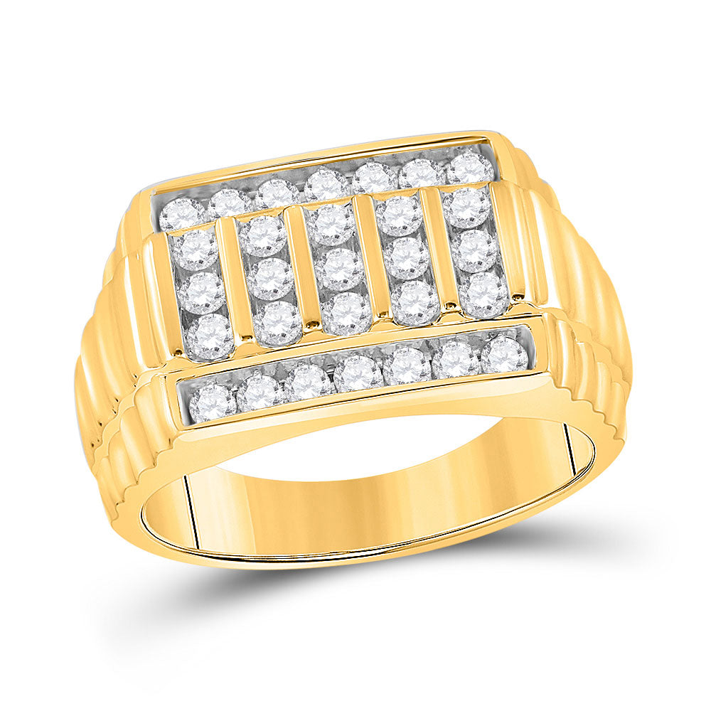 10K Yellow Gold Mens Round Diamond Ribbed Fashion Ring 1 Cttw, Mens Size: 7-13