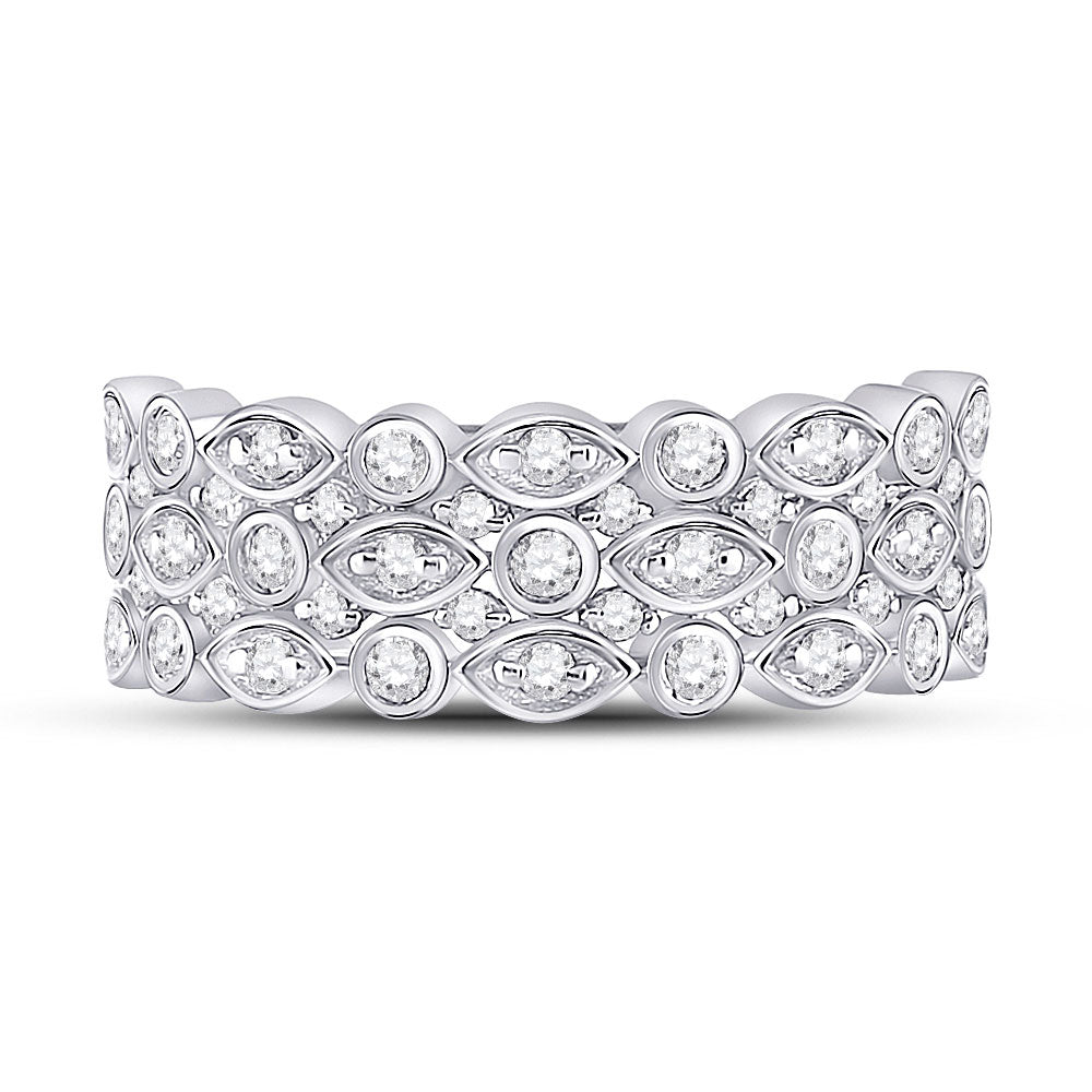 14K White Gold Womens Round Diamond Oval Dot 3-Row Fashion Ring 3/4 Cttw, Womens Size: 5-10