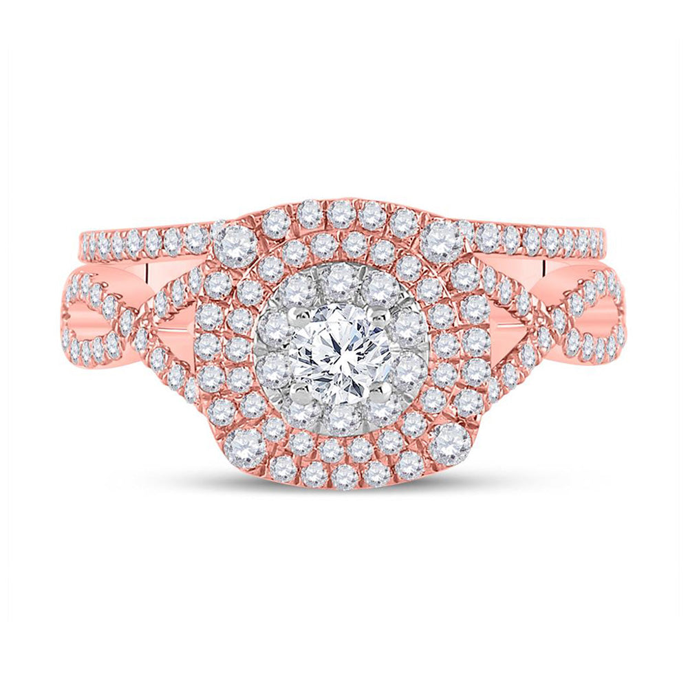 14K Two-tone Gold Round Diamond Halo Bridal Wedding Ring Band Set 1-1/3 Cttw, Womens Size: 5-10