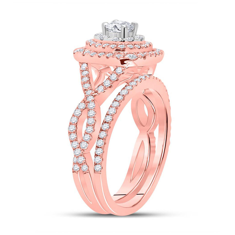 14K Two-tone Gold Round Diamond Halo Bridal Wedding Ring Band Set 1-1/3 Cttw, Womens Size: 5-10