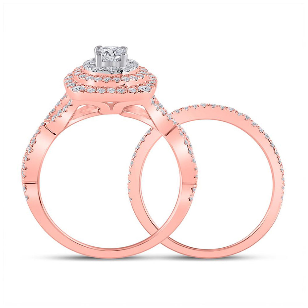 14K Two-tone Gold Round Diamond Halo Bridal Wedding Ring Band Set 1-1/3 Cttw, Womens Size: 5-10