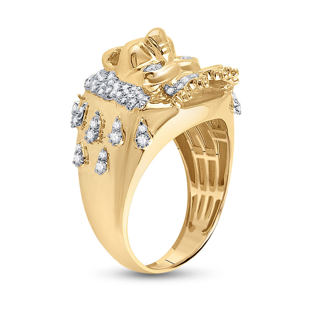 10K Yellow Gold Mens Round Diamond Lion Head Crown Animal Ring 7/8 Cttw, Mens Size: 7-13