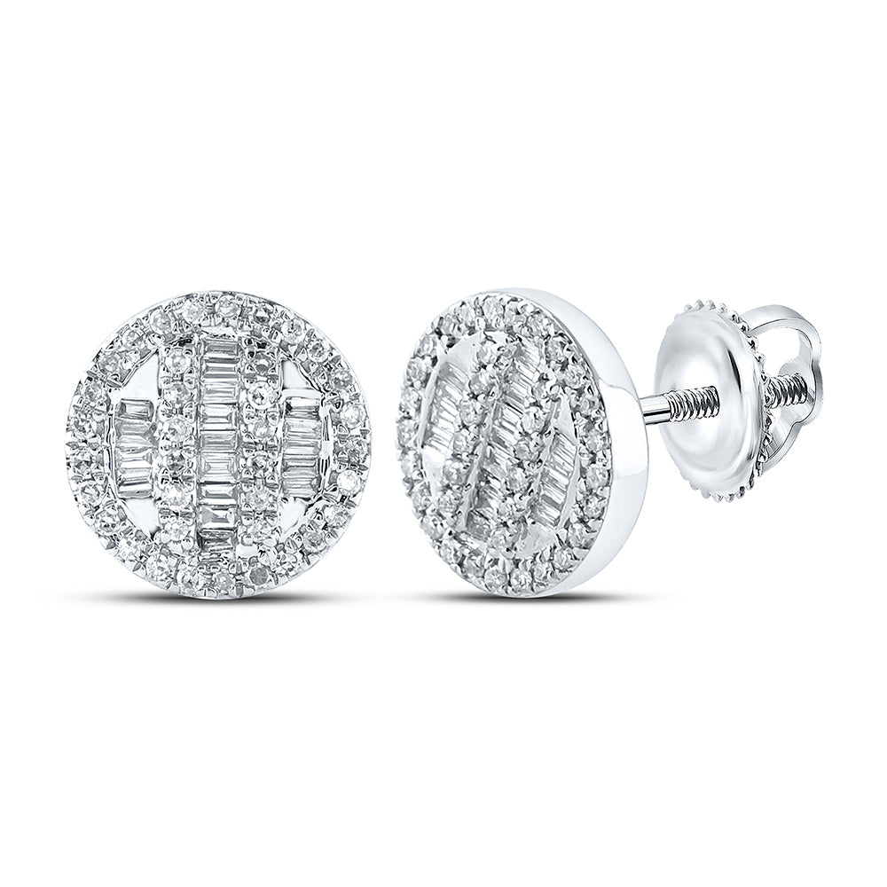 10K White Gold Baguette Diamond Circle Cluster Earrings 1/3 Cttw