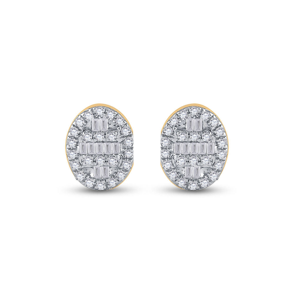 10K Yellow Gold Womens Baguette Diamond Oval Cluster Earrings 1/4 Cttw