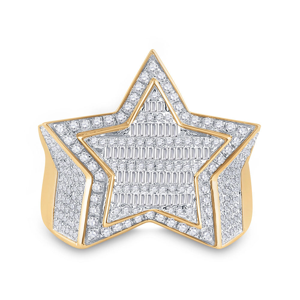 10K Yellow Gold Mens Baguette Diamond Statement Star Ring 1-1/4 Cttw, Mens Size: 7-13