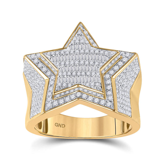 10K Yellow Gold Mens Baguette Diamond Statement Star Ring 1-1/4 Cttw, Mens Size: 7-13