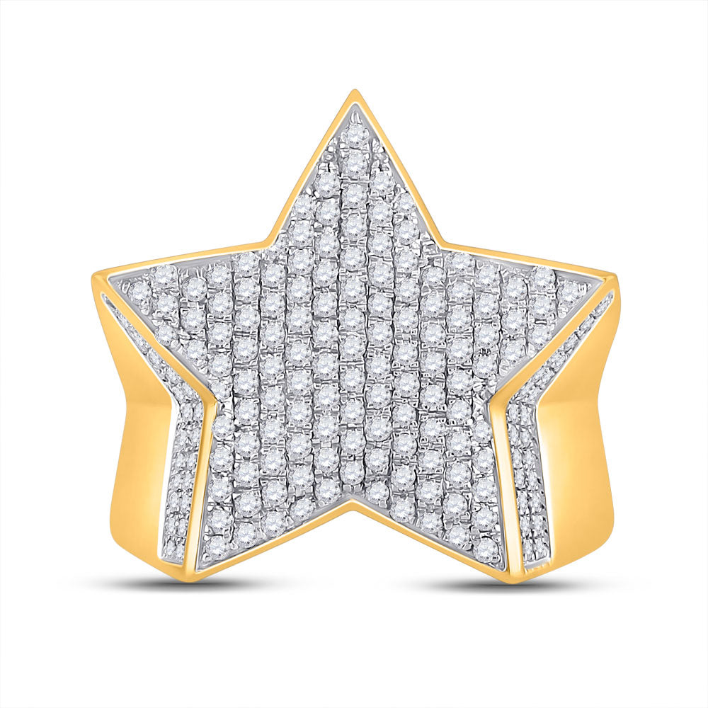 10K Yellow Gold Mens Round Diamond Star Statement Ring 1-1/2 Cttw, Mens Size: 7-13