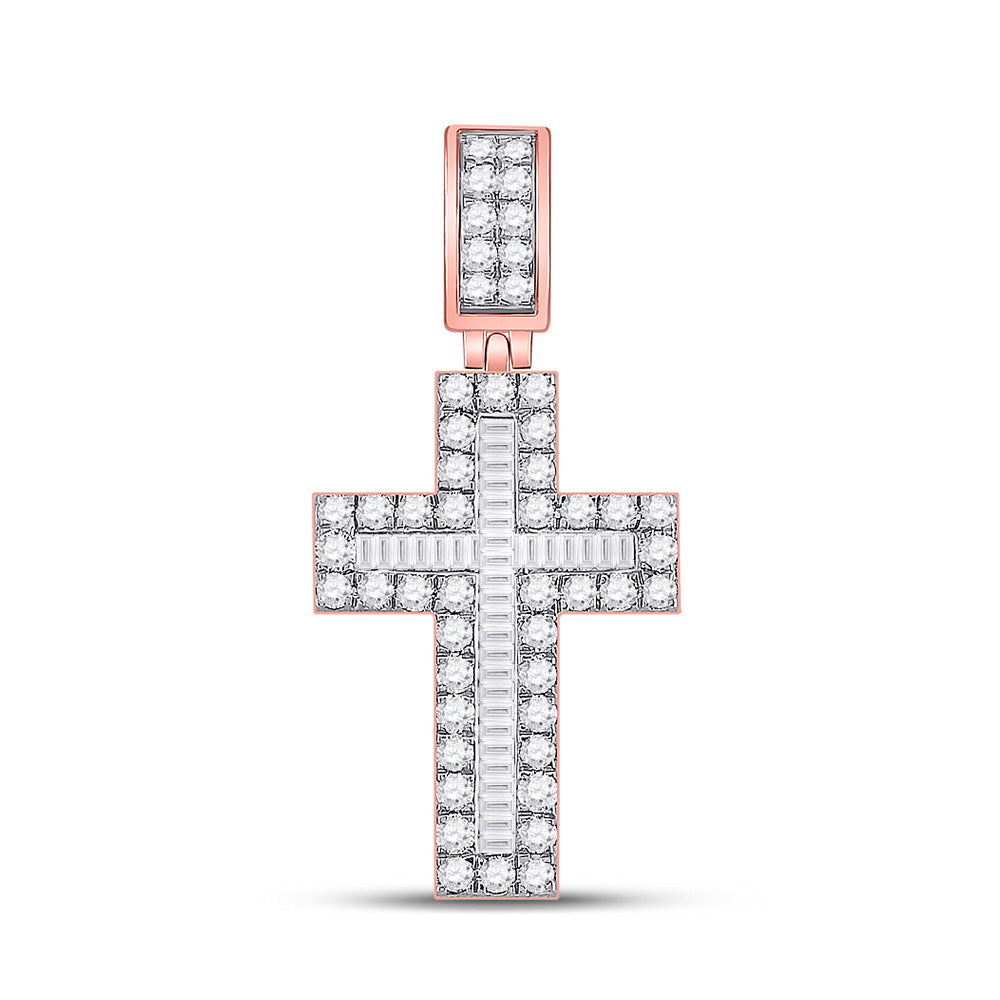 10K Rose Gold Mens Baguette Diamond Cross Charm Pendant 1-5/8 Cttw