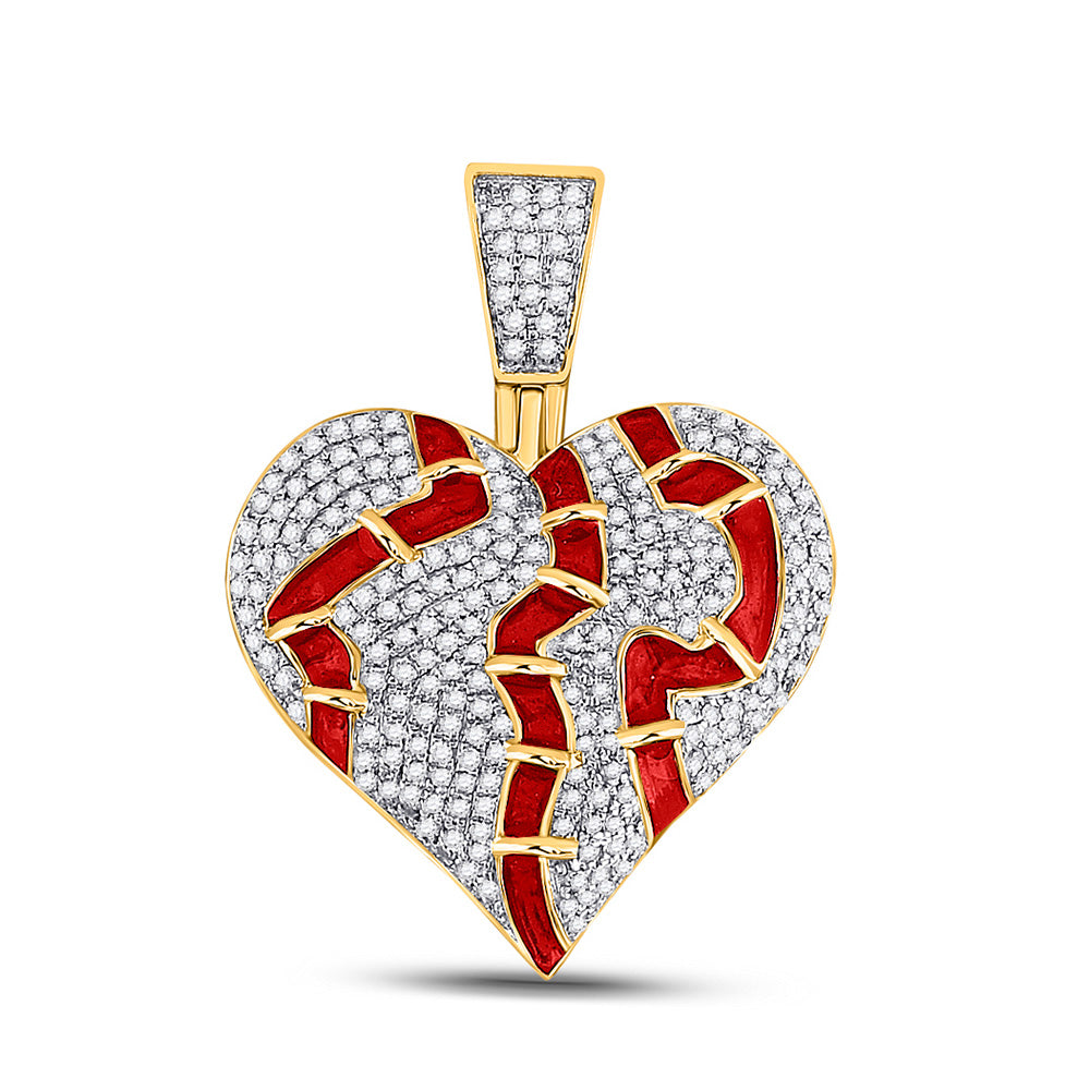 10K Yellow Gold Mens Round Diamond Broken Stitched Heart Charm Pendant 3/4 Cttw