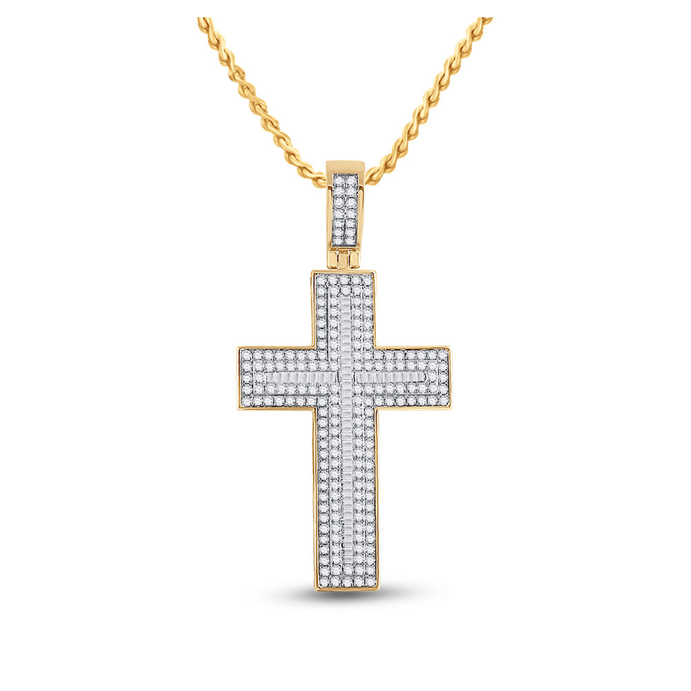 10K Yellow Gold Mens Baguette Diamond Cross Charm Pendant 2-3/4 Cttw