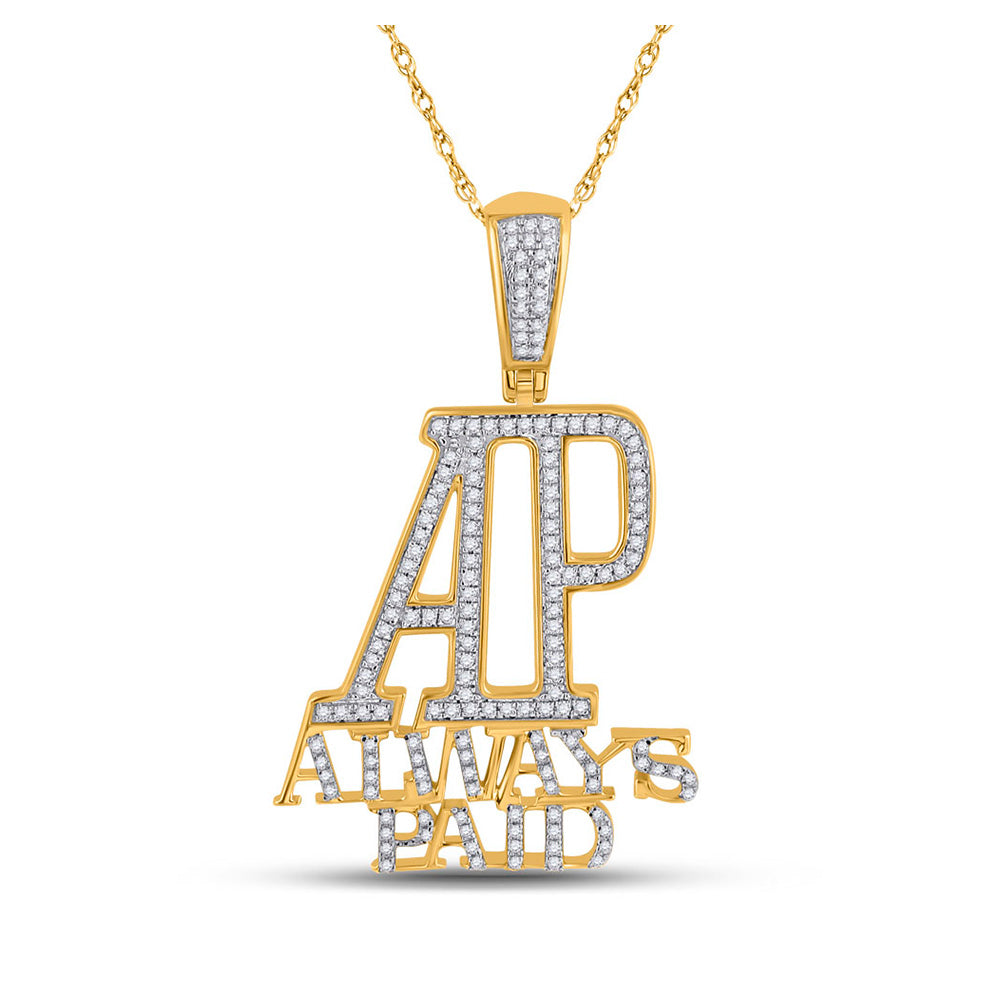 10K Yellow Gold Mens Round Diamond Always Paid Phrase Charm Pendant 1/2 Cttw, Length: 1.68 In, Width: 1.03 In
